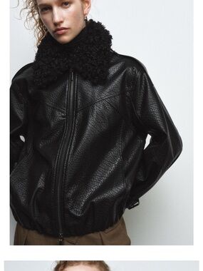 Zara Zw Collec Black Faux Leather Bomber Jacket with Removable
Shearling Collar
